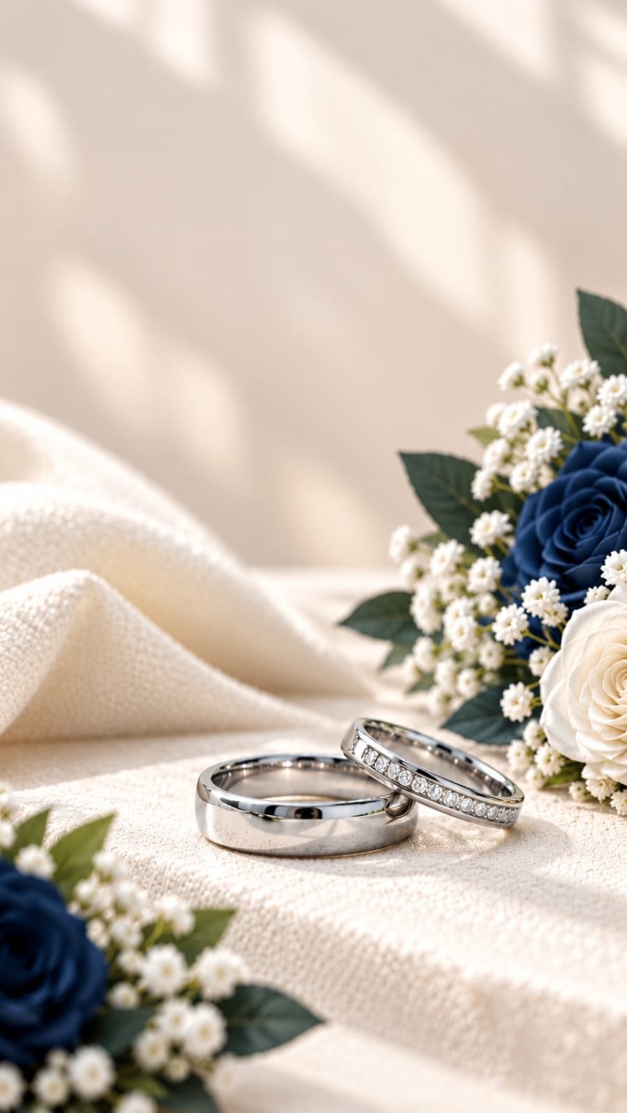 Anillos de boda sobre tela marfil, con rosas azules y blancas